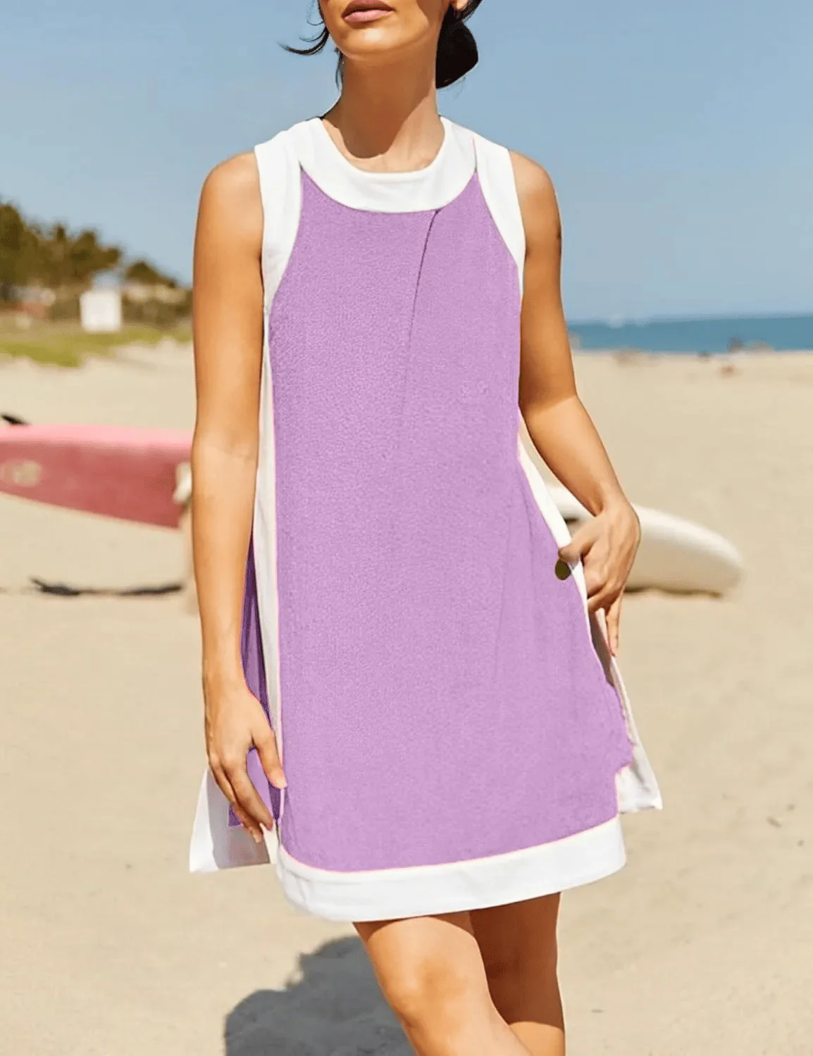 🎁Women's 2-Piece Sets Color Block Crewneck Sleeveless Top + Skirt & Shorts w/ Pockets - Image 8