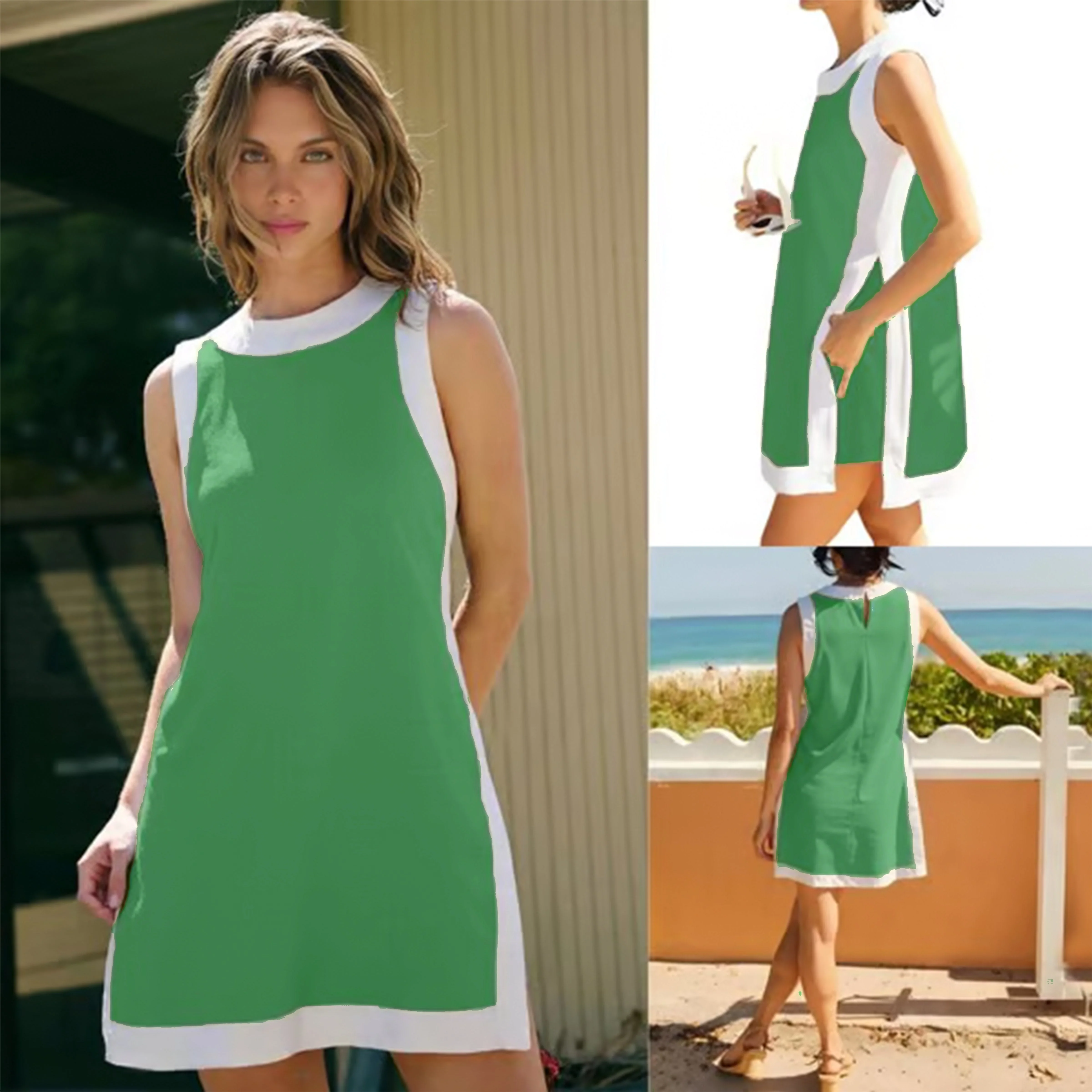 🎁Women's 2-Piece Sets Color Block Crewneck Sleeveless Top + Skirt & Shorts w/ Pockets - Image 9