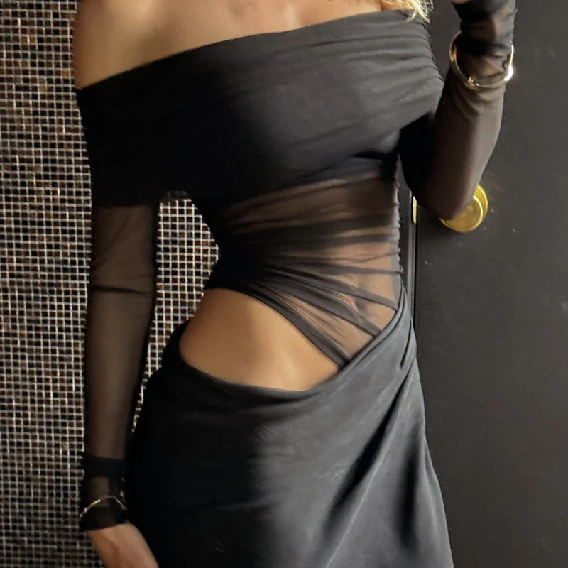🔥Solid Color Off Shoulder Pleated Sheer Mesh Dress - Image 3