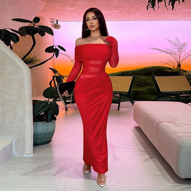 🔥Solid Color Off Shoulder Pleated Sheer Mesh Dress - Image 4