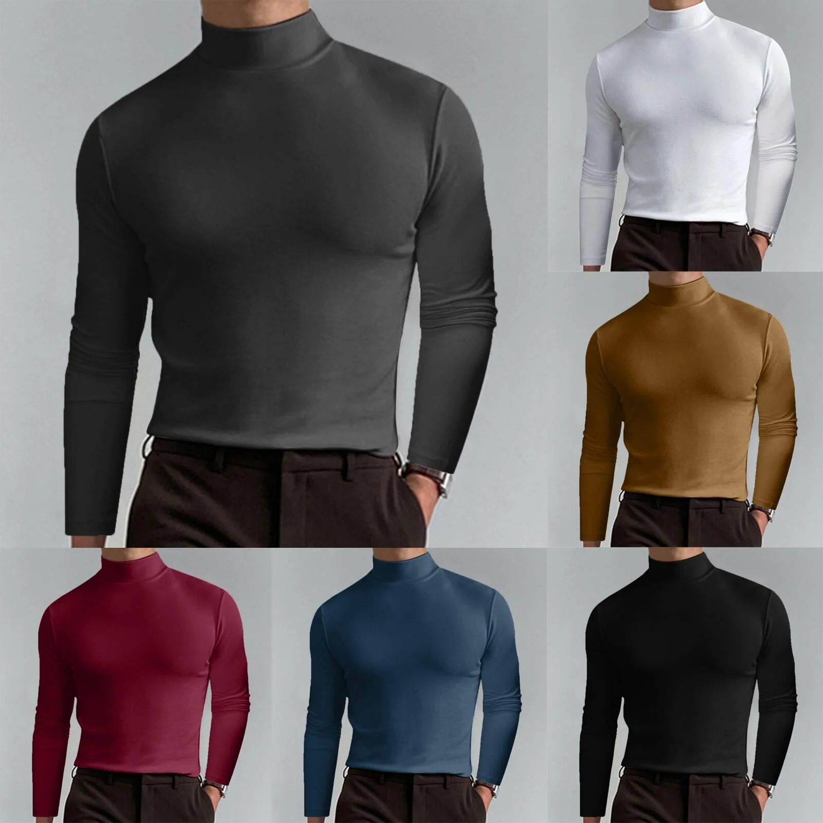 Mens High Neck Slim Fit Long Sleeve T-shirt - Image 2