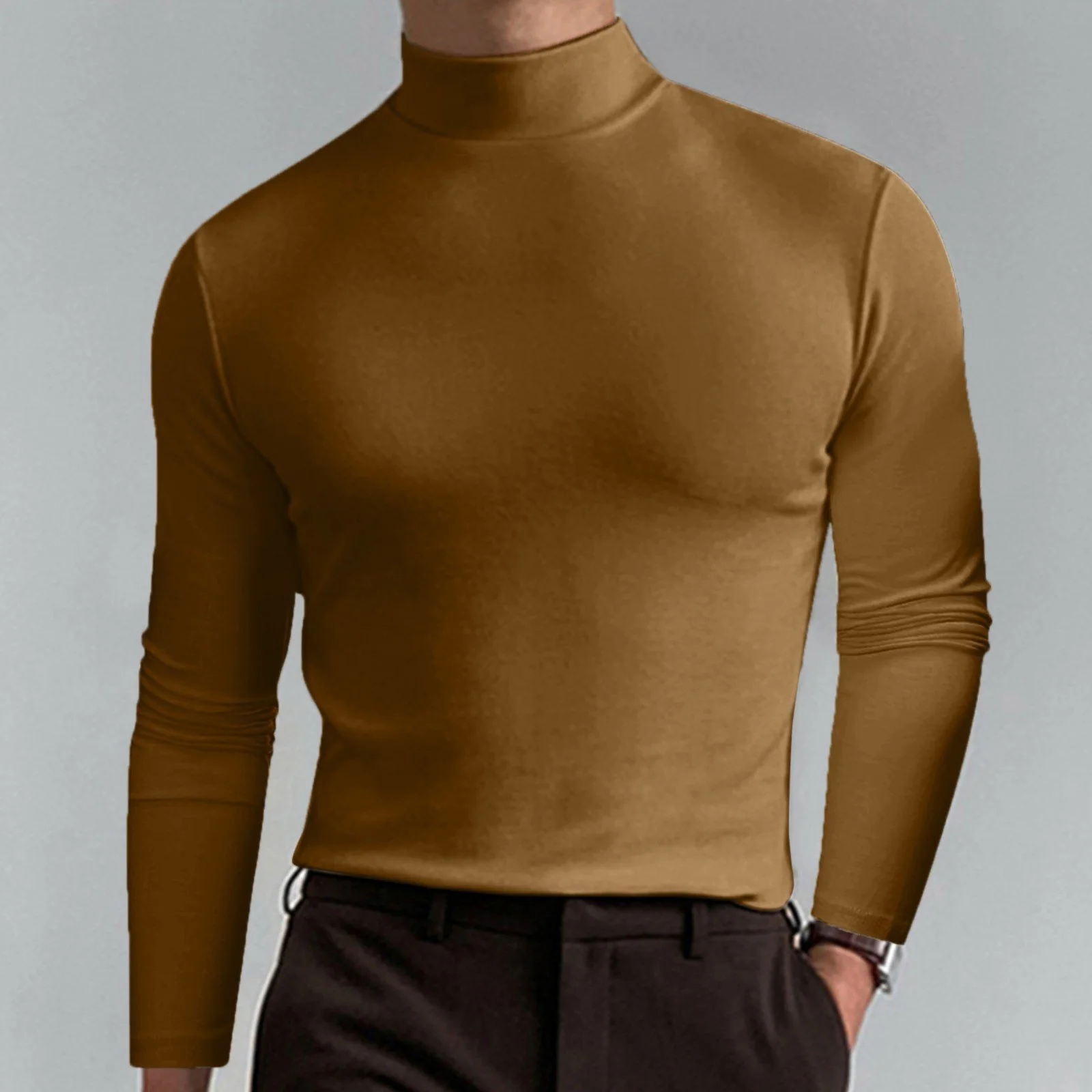 Mens High Neck Slim Fit Long Sleeve T-shirt - Image 4