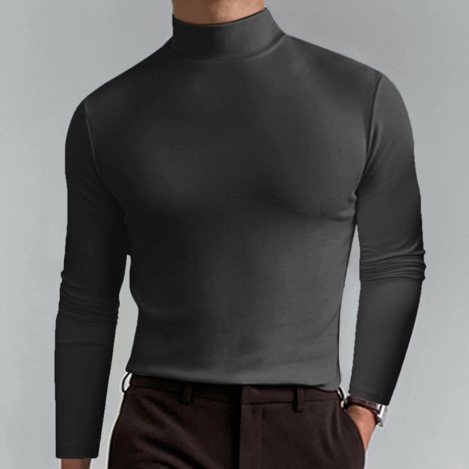 Mens High Neck Slim Fit Long Sleeve T-shirt - Image 5