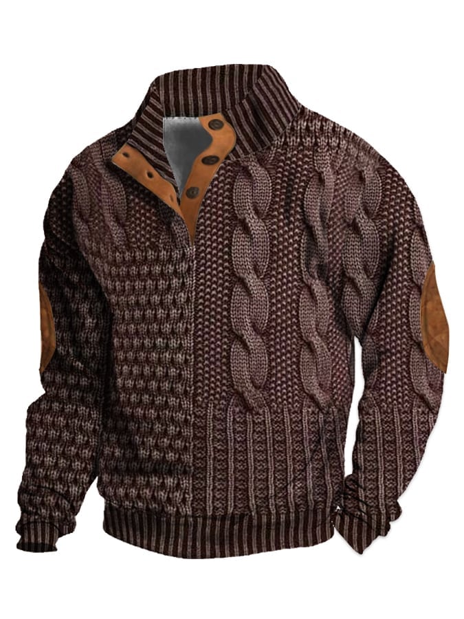 Elegant texture men's casual retro cashmere stand collar button sweatshirt - Image 9