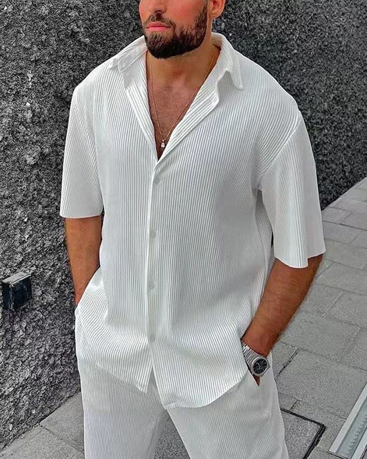 Men's White Textured Short Sleeve Shirt Casual Two-piece Set - Image 2