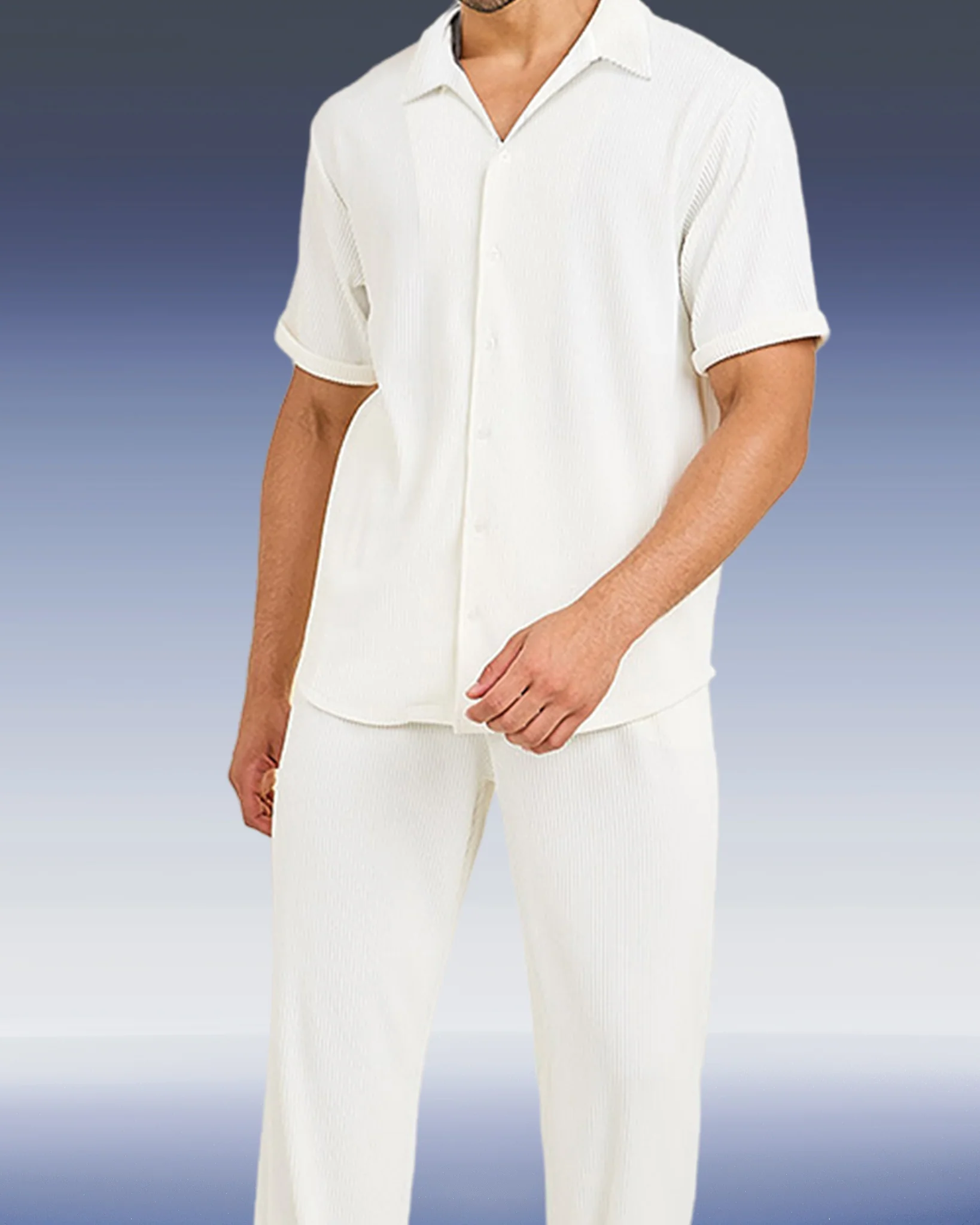 Men's White Textured Short Sleeve Shirt Casual Two-piece Set - Image 3