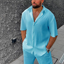 Men's White Textured Short Sleeve Shirt Casual Two-piece Set - Image 5