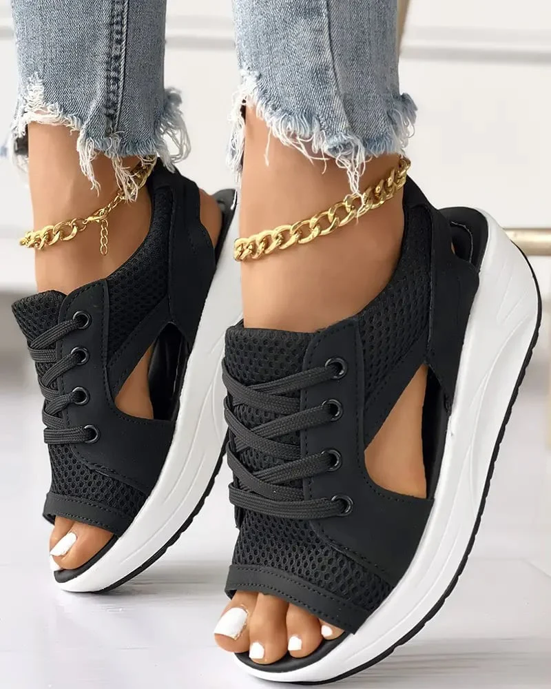 Contrast Paneled Cutout Lace-up Muffin Sandals - Image 10