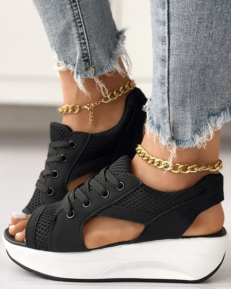 Contrast Paneled Cutout Lace-up Muffin Sandals - Image 11