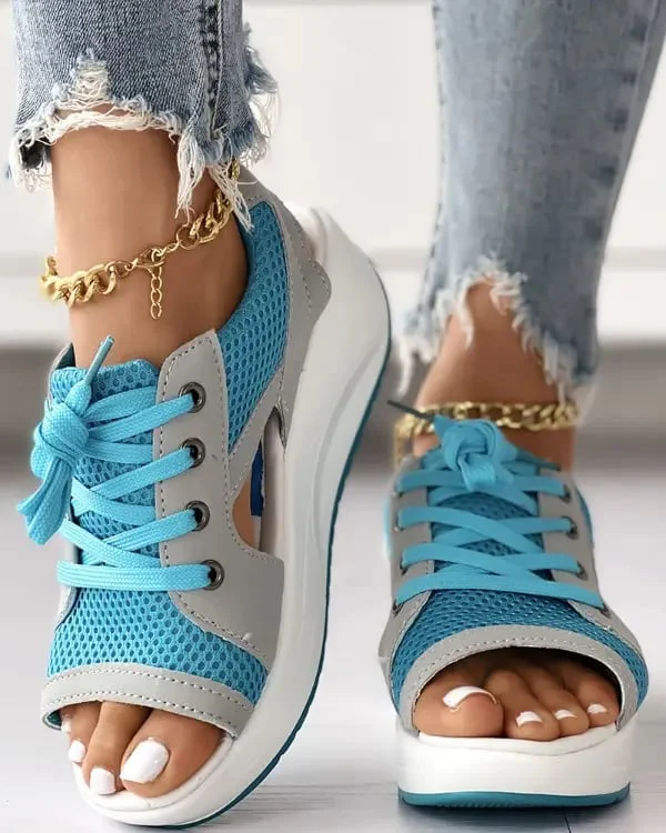 Contrast Paneled Cutout Lace-up Muffin Sandals - Image 12