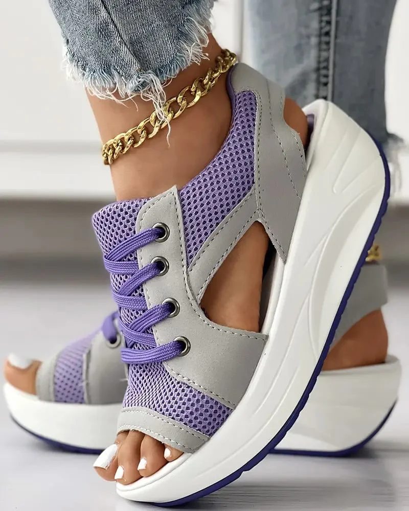 Contrast Paneled Cutout Lace-up Muffin Sandals - Image 3