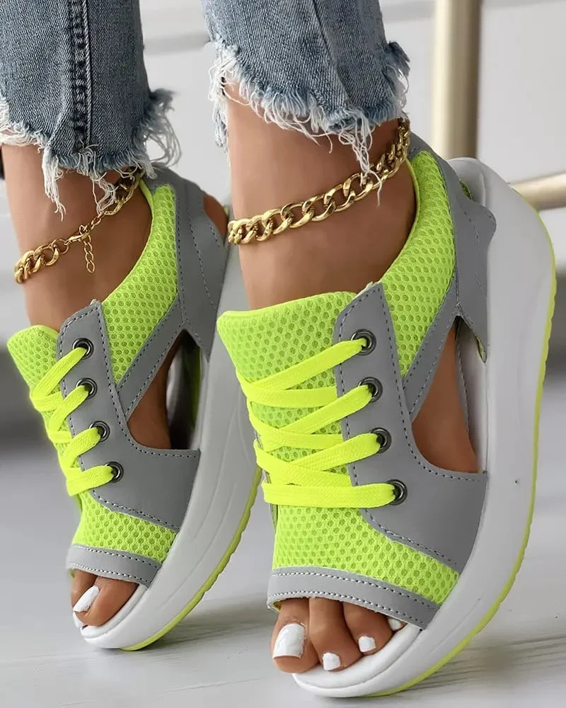 Contrast Paneled Cutout Lace-up Muffin Sandals - Image 5