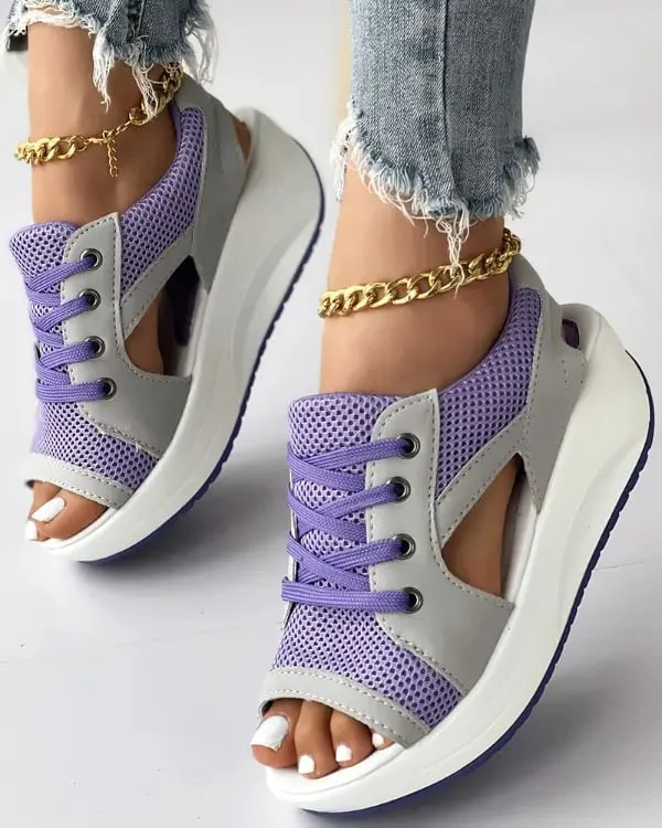 Contrast Paneled Cutout Lace-up Muffin Sandals - Image 6
