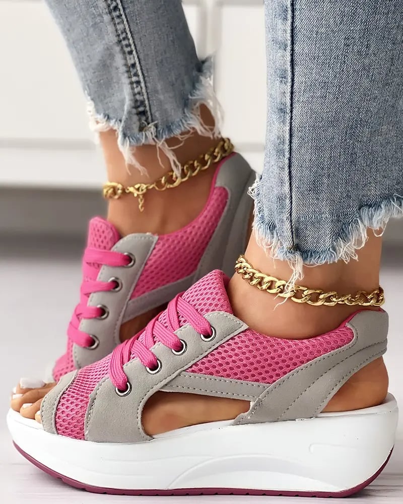Contrast Paneled Cutout Lace-up Muffin Sandals - Image 7