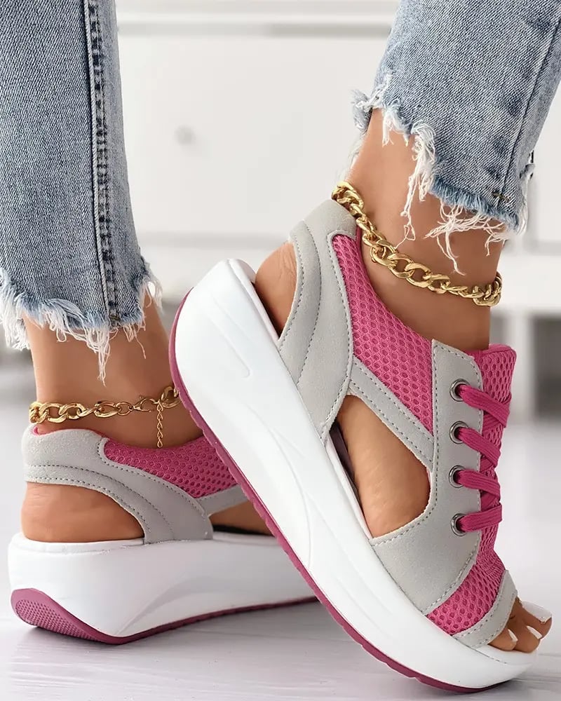 Contrast Paneled Cutout Lace-up Muffin Sandals - Image 9