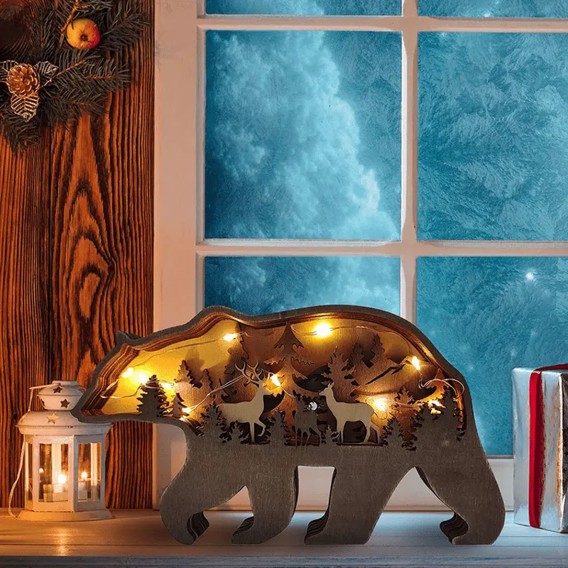 Multi Layer 3D Bear Wooden Carfts Wall Statue Freestanding Art Decor with Lights - Image 3