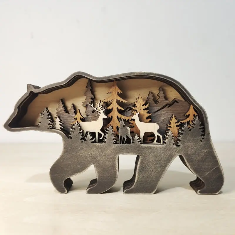 Multi Layer 3D Bear Wooden Carfts Wall Statue Freestanding Art Decor with Lights - Image 4