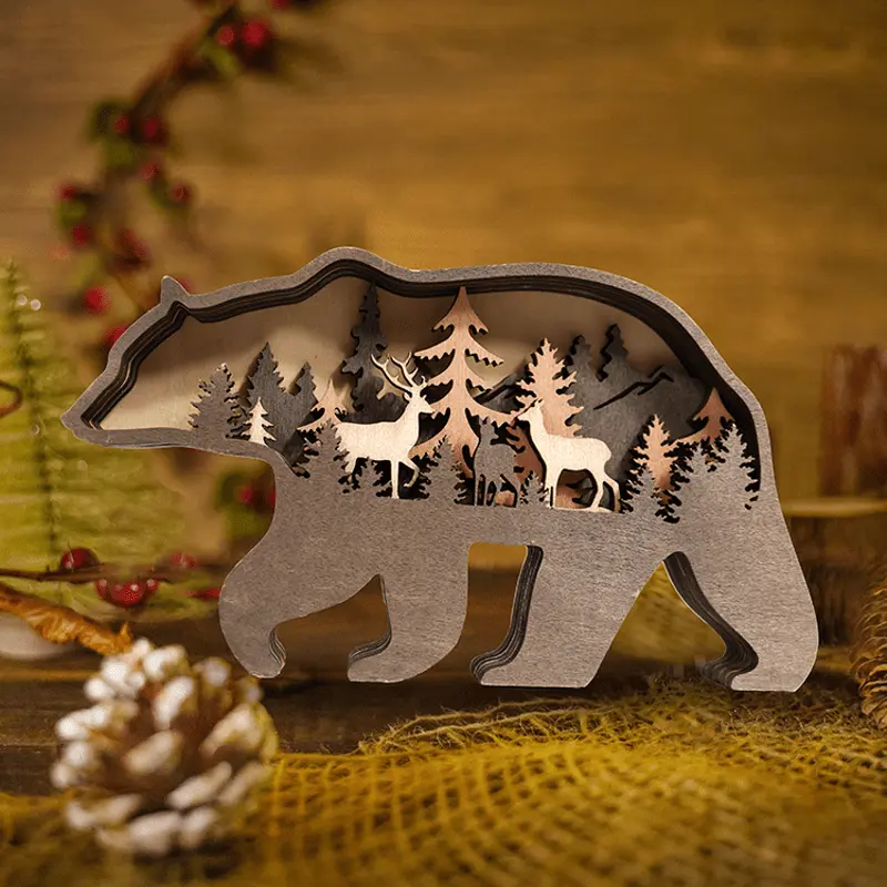 Multi Layer 3D Bear Wooden Carfts Wall Statue Freestanding Art Decor with Lights - Image 5