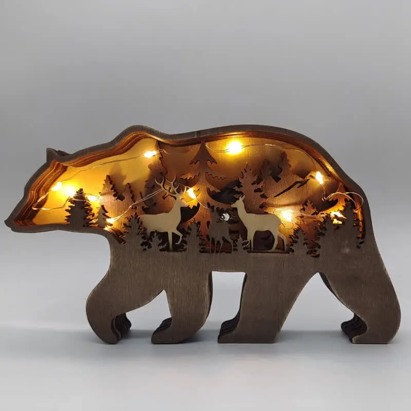 Multi Layer 3D Bear Wooden Carfts Wall Statue Freestanding Art Decor with Lights - Image 7