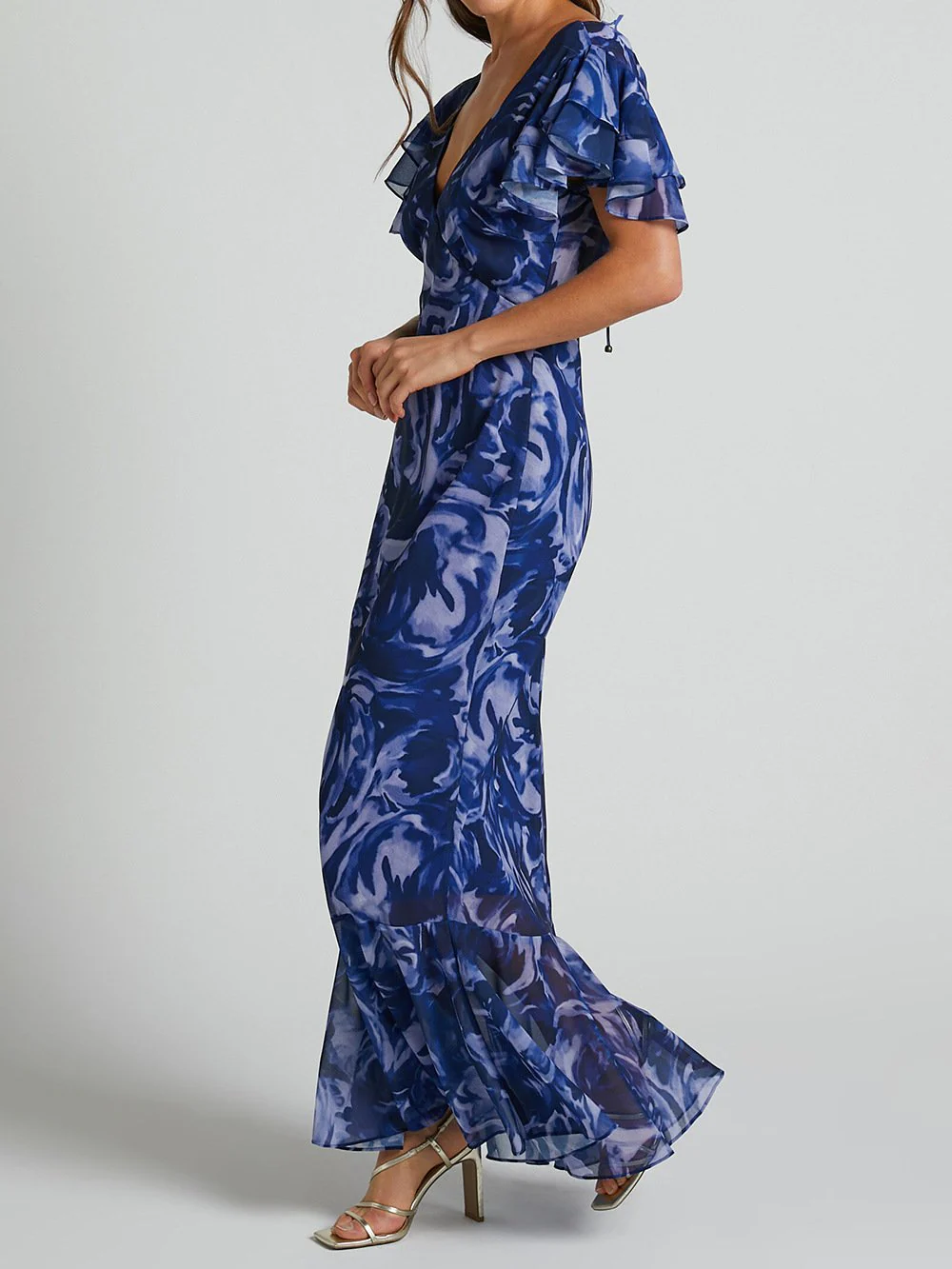Navy Swirl V-Neck Flutter Sleeve Maxi Dress - Image 3