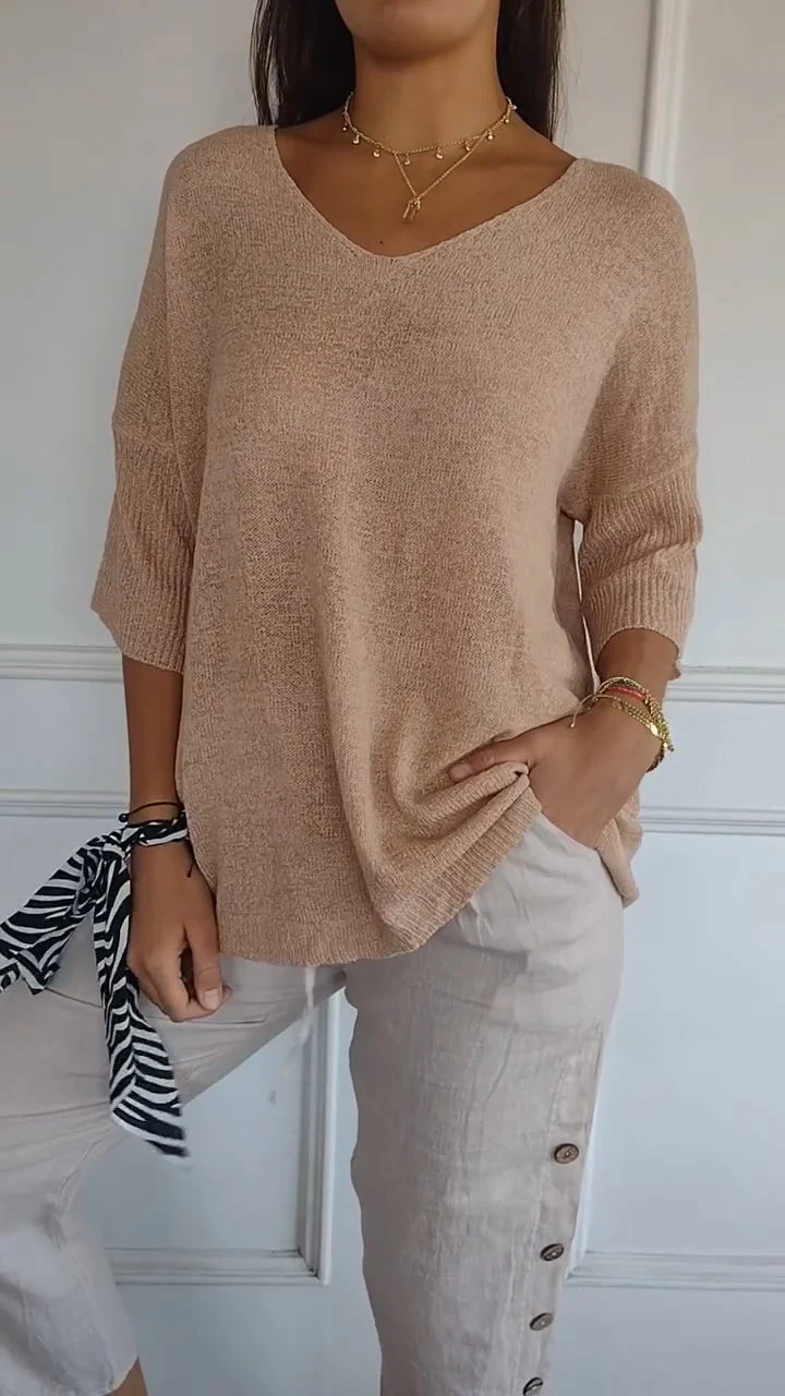 Solid Color Knitted V-neck Top - Image 13