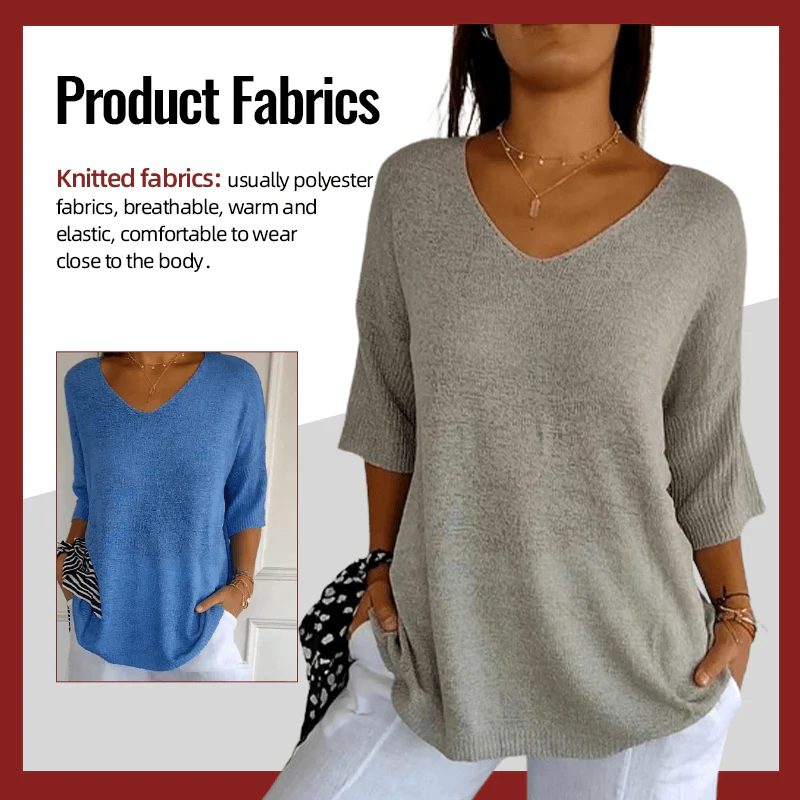Solid Color Knitted V-neck Top - Image 4
