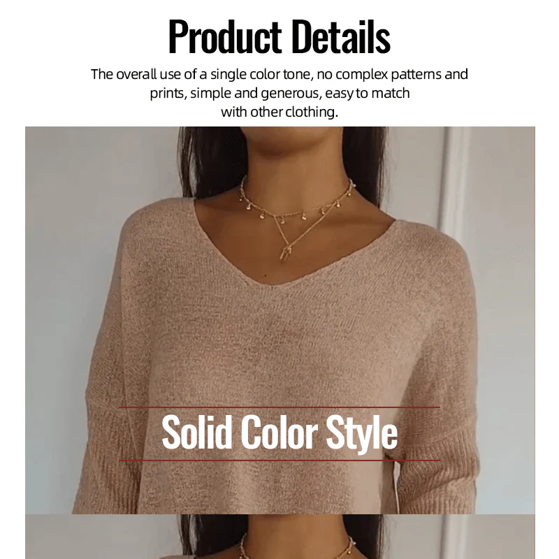 Solid Color Knitted V-neck Top - Image 6