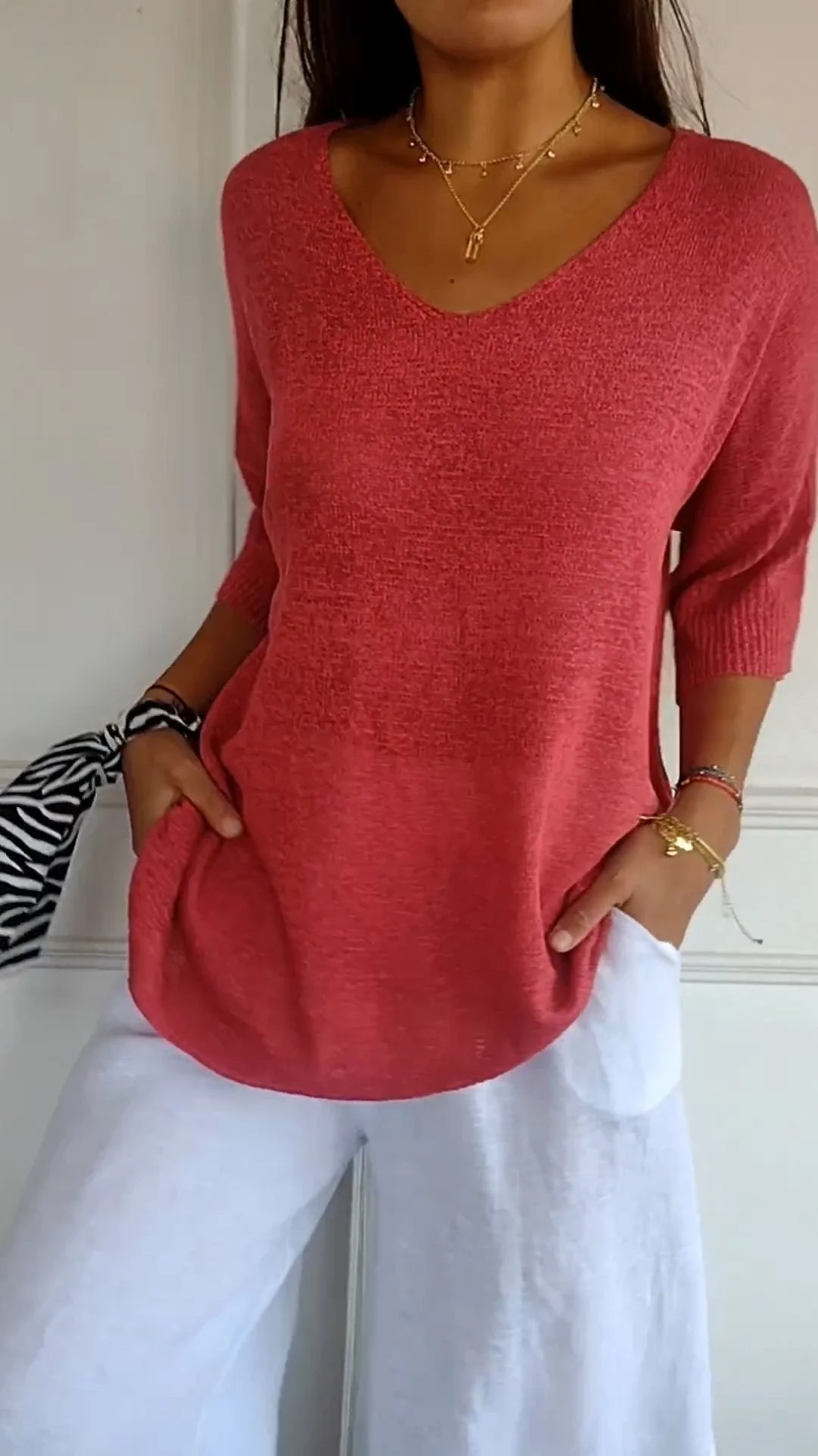 Solid Color Knitted V-neck Top - Image 8