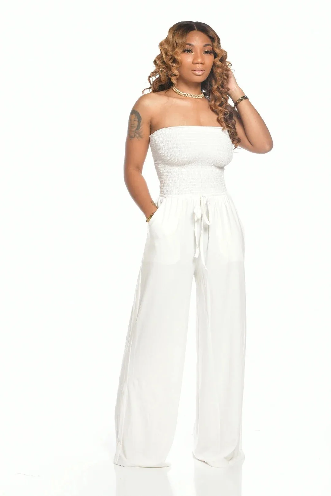 🔥2023 Hot Sale 🔥Off Shoulder Solid Color Smocked Jumpsuit - Image 11