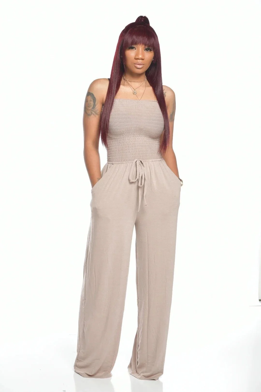 🔥2023 Hot Sale 🔥Off Shoulder Solid Color Smocked Jumpsuit - Image 12