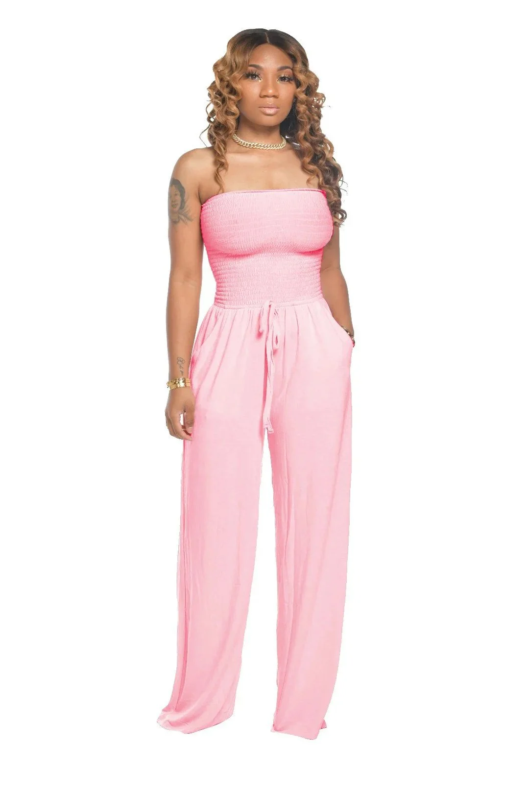 🔥2023 Hot Sale 🔥Off Shoulder Solid Color Smocked Jumpsuit - Image 14