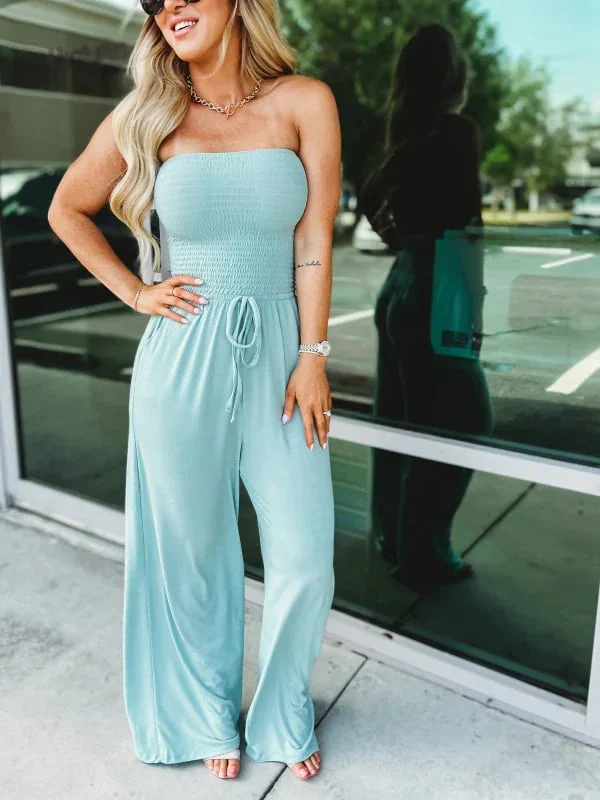 🔥2023 Hot Sale 🔥Off Shoulder Solid Color Smocked Jumpsuit - Image 6