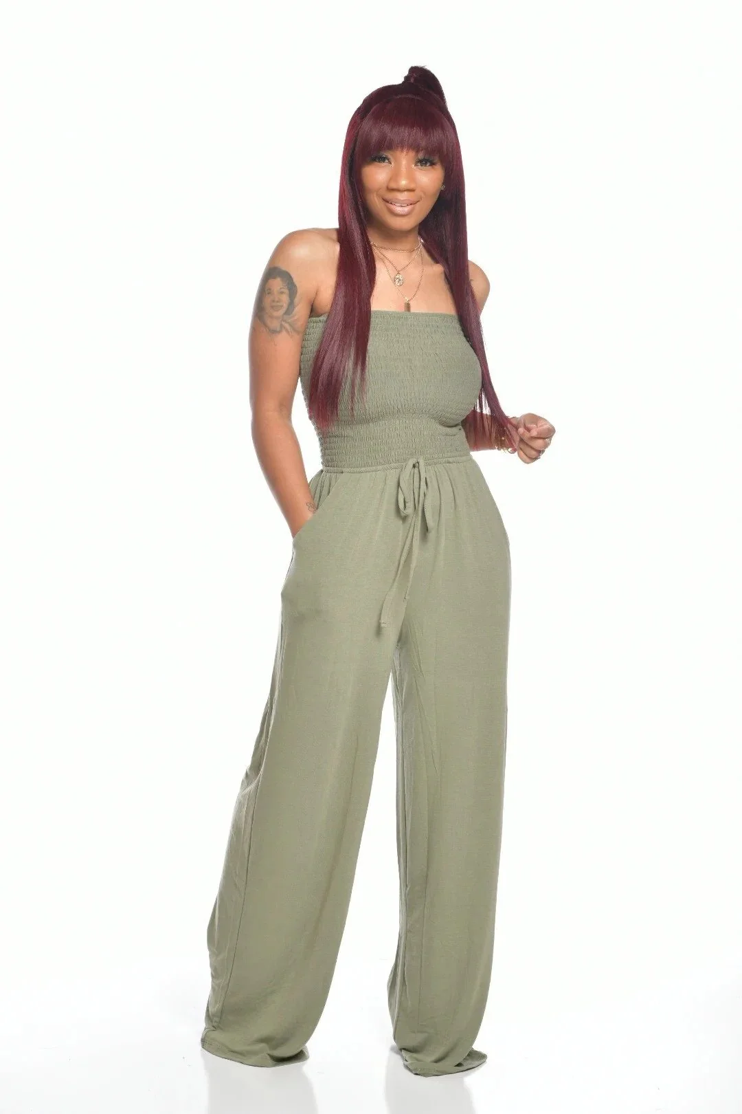 🔥2023 Hot Sale 🔥Off Shoulder Solid Color Smocked Jumpsuit - Image 8