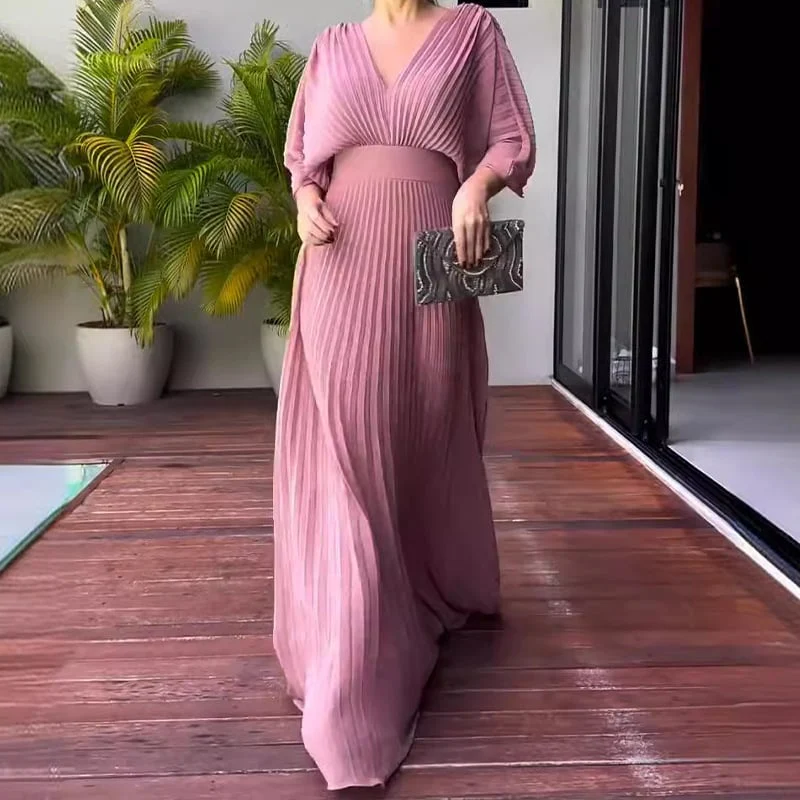 Pleated Batwing Sleeve Waist-Cinching Dress (Buy 2 Free Shipping) - Image 3