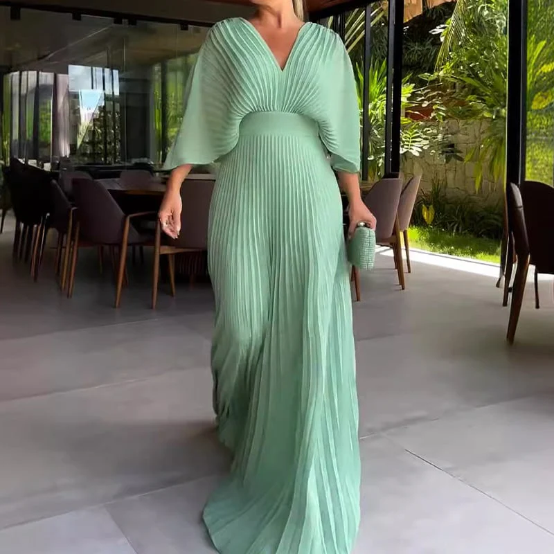 Pleated Batwing Sleeve Waist-Cinching Dress (Buy 2 Free Shipping) - Image 5