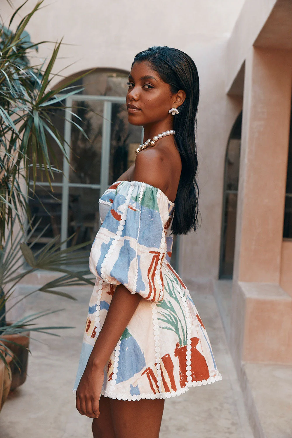 V Neck Puff Sleeves Ric Rac Trim Printed Mini Dress - Buy two and get free shipping! - Image 4