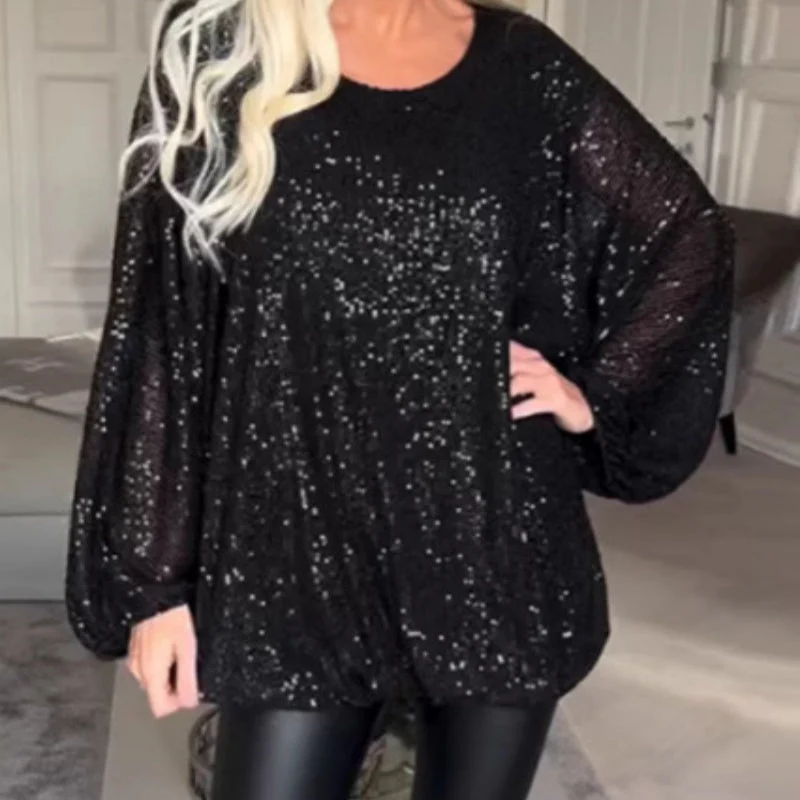 Round Neck Sequin Long Sleeve Loose Top - Image 2