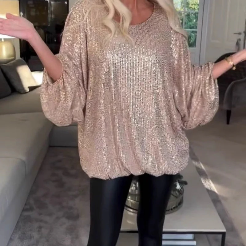 Round Neck Sequin Long Sleeve Loose Top - Image 3