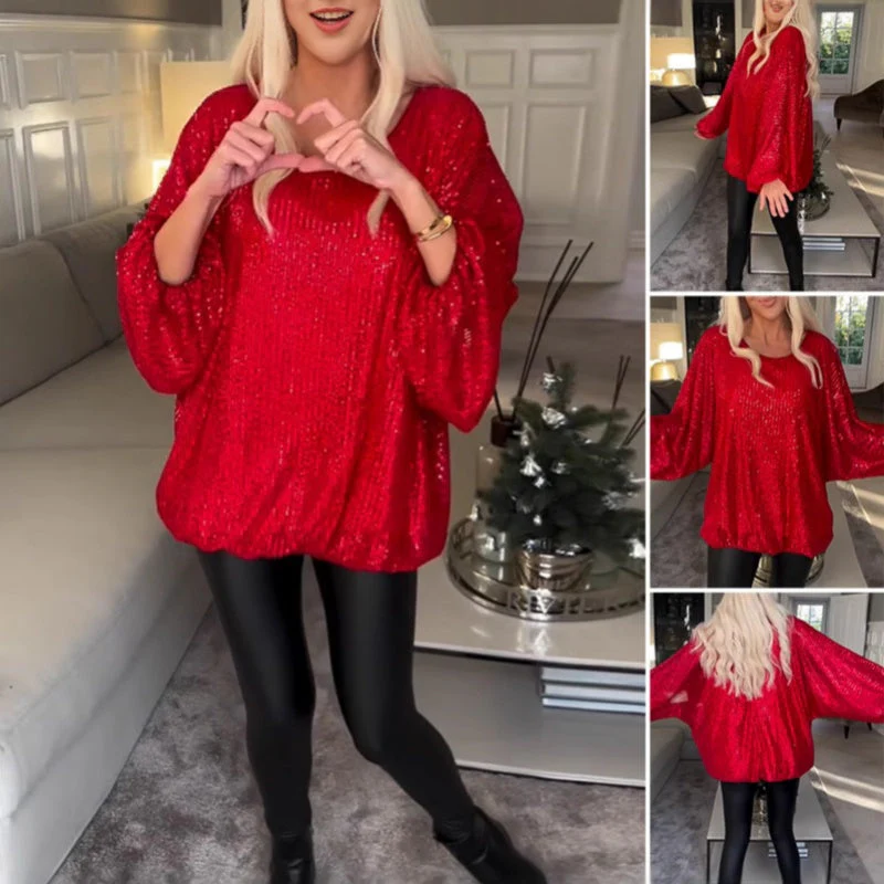 Round Neck Sequin Long Sleeve Loose Top - Image 4