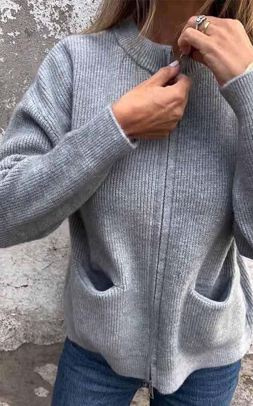 Round Neck Zipper Knitted Jacket - Image 2
