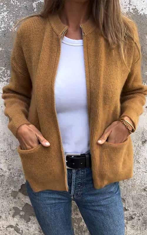 Round Neck Zipper Knitted Jacket - Image 4