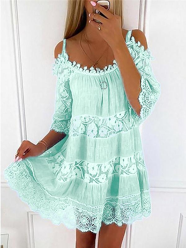 Sexy Spaghetti Strap Half Sleeve Off Shoulder Lace Panel Dress - Image 3