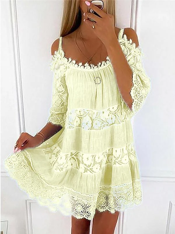 Sexy Spaghetti Strap Half Sleeve Off Shoulder Lace Panel Dress - Image 4