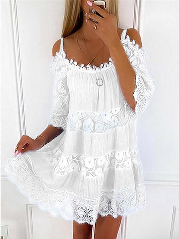 Sexy Spaghetti Strap Half Sleeve Off Shoulder Lace Panel Dress - Image 5