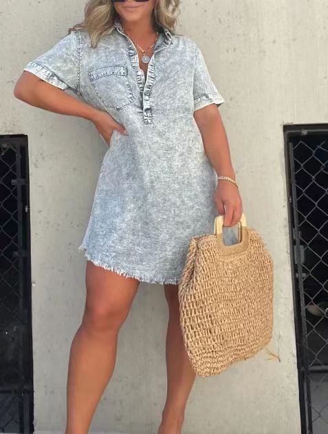 Short Sleeve Casual Denim Shirt Dress-Buy two and get free shipping! - Image 5