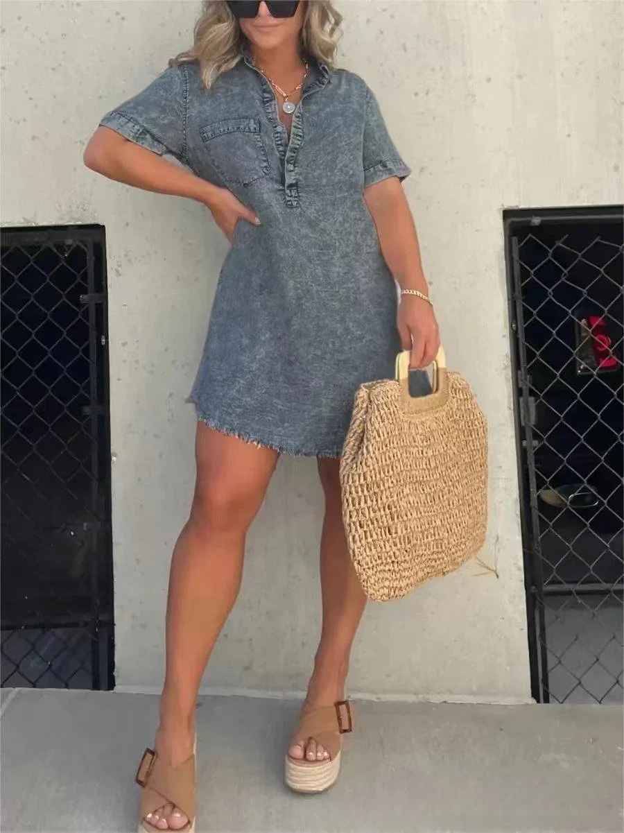 Short Sleeve Casual Denim Shirt Dress-Buy two and get free shipping! - Image 6