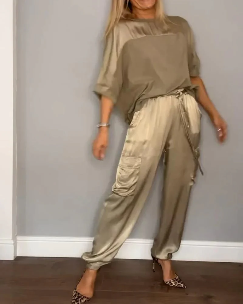 Half-Sleeve Satin Top and Pants SetšBUY 2 SETS FREE SHIPPING - Image 3