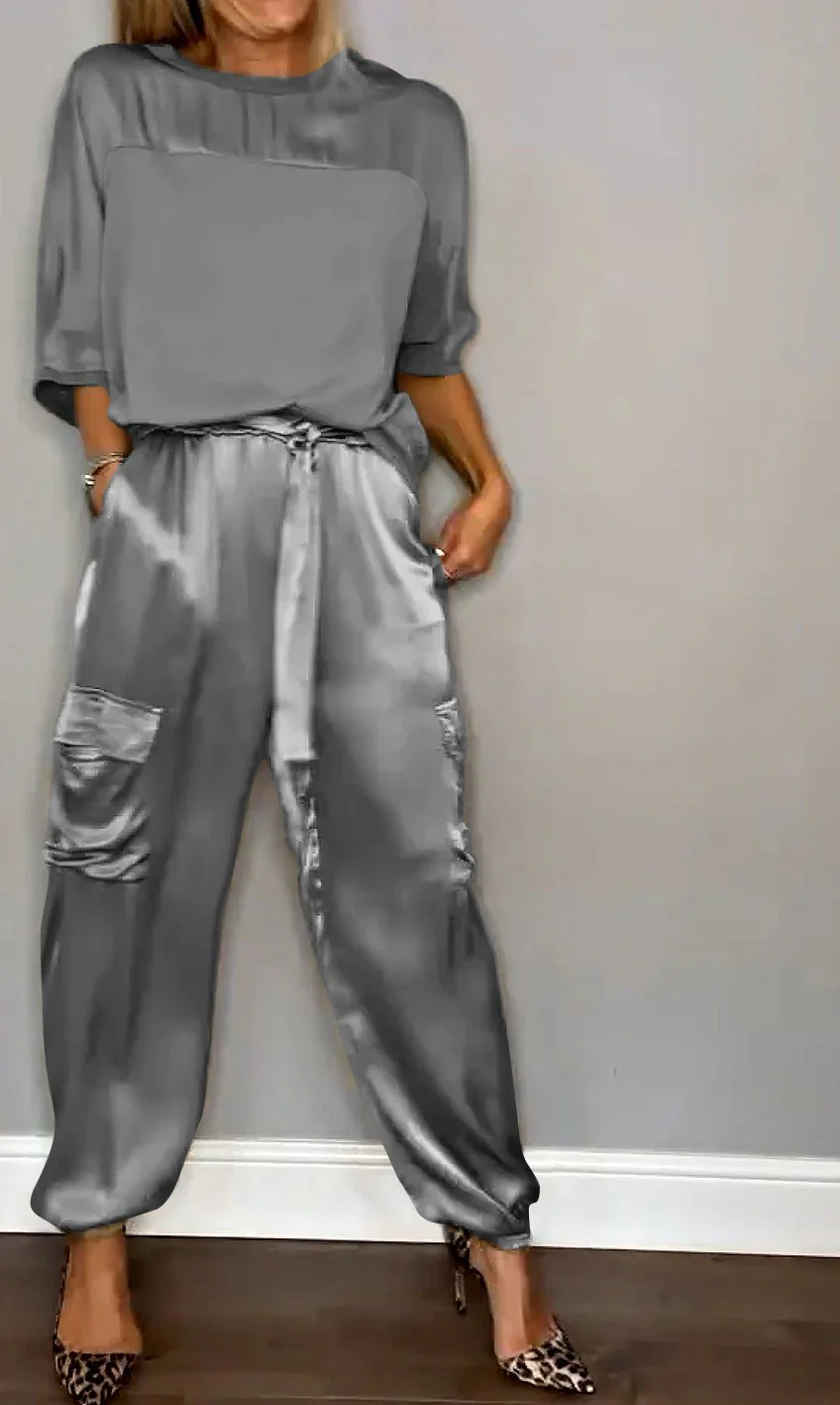 Half-Sleeve Satin Top and Pants SetšBUY 2 SETS FREE SHIPPING - Image 4