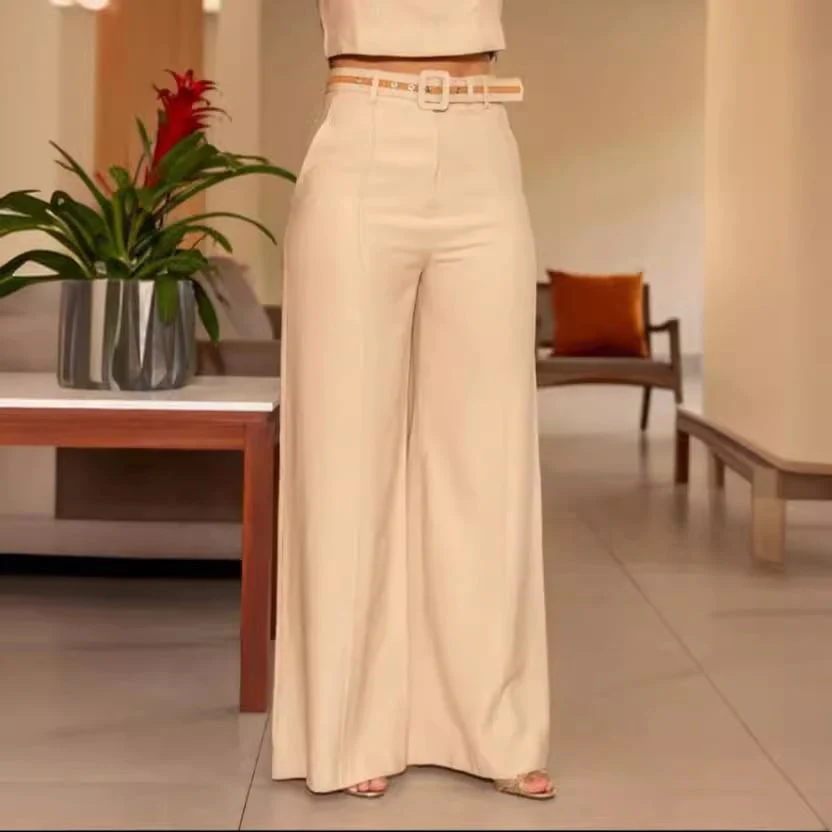 Solid Color Slim Fit Sleeveless Crew Neck Top and High Waist Pocket Wide Leg Pants Set - Image 7