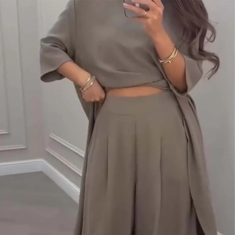 💕Solid Color Irregular Top & Wide-Leg Pants 2-PCS Set - Image 2